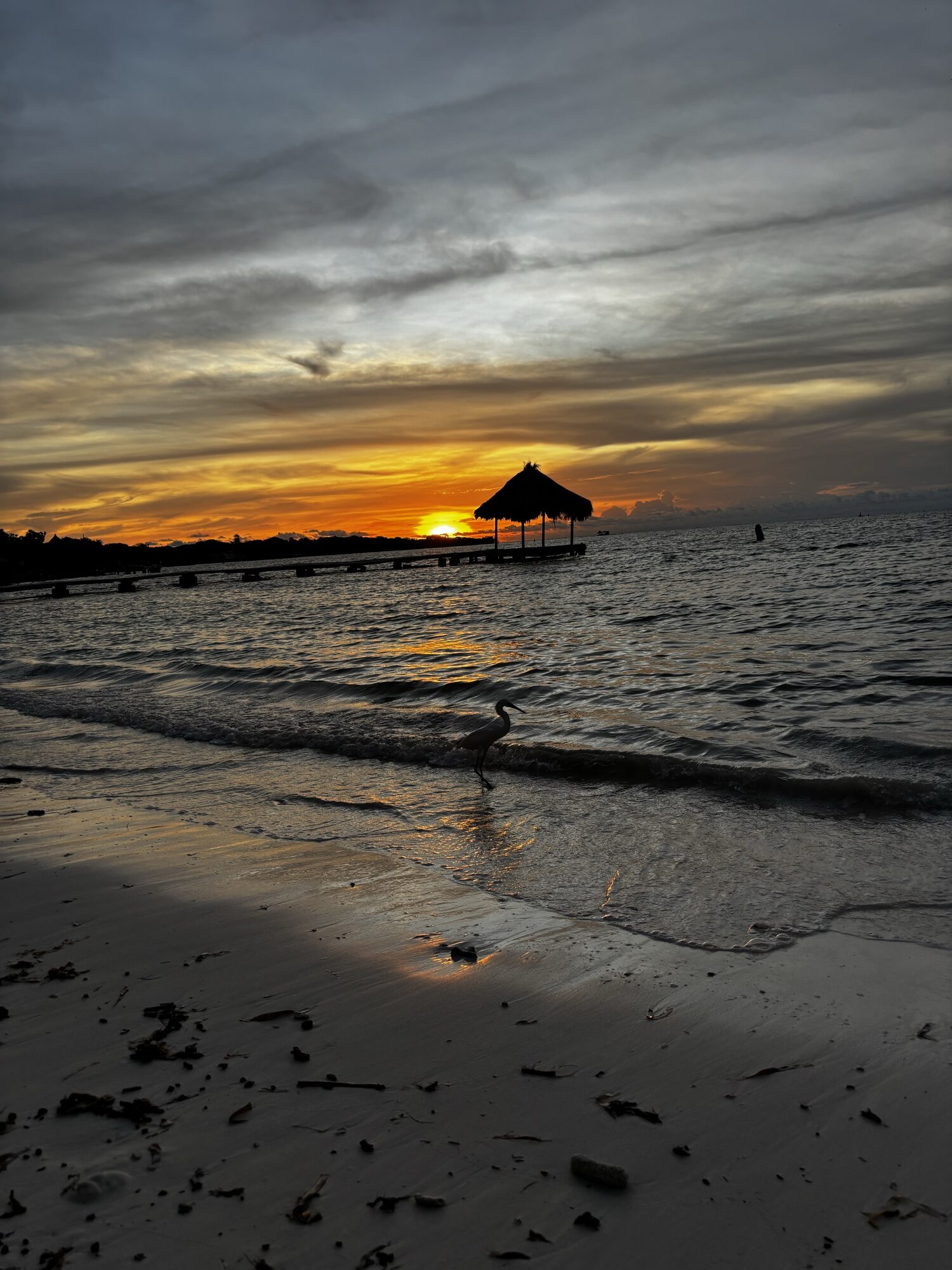 Atardecer naranja sobre el muelle con palapa de La Cocotera, en Isla Grande