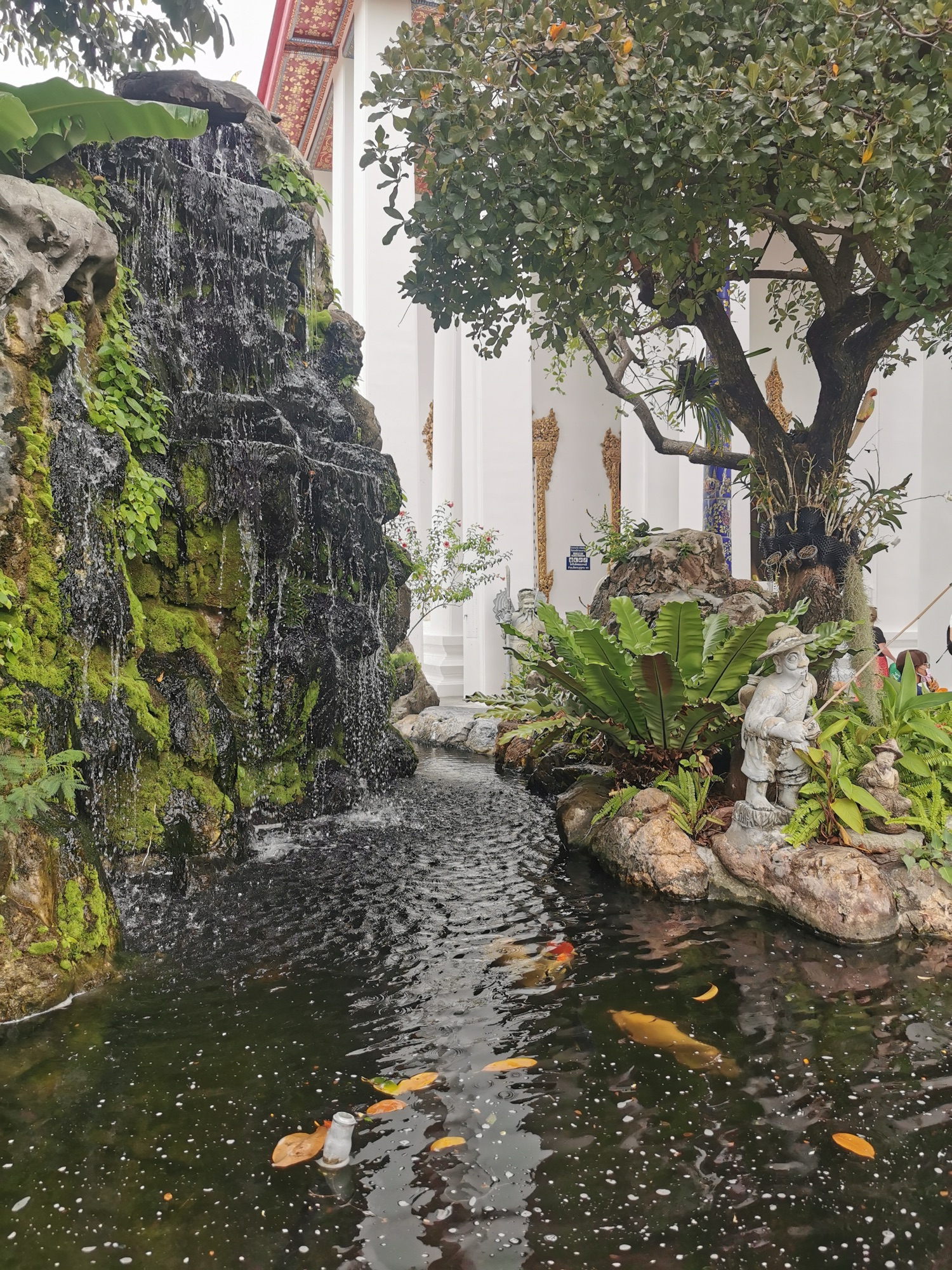 Estanque con carpas y una pequeña cascada en los jardines del Wat Pho