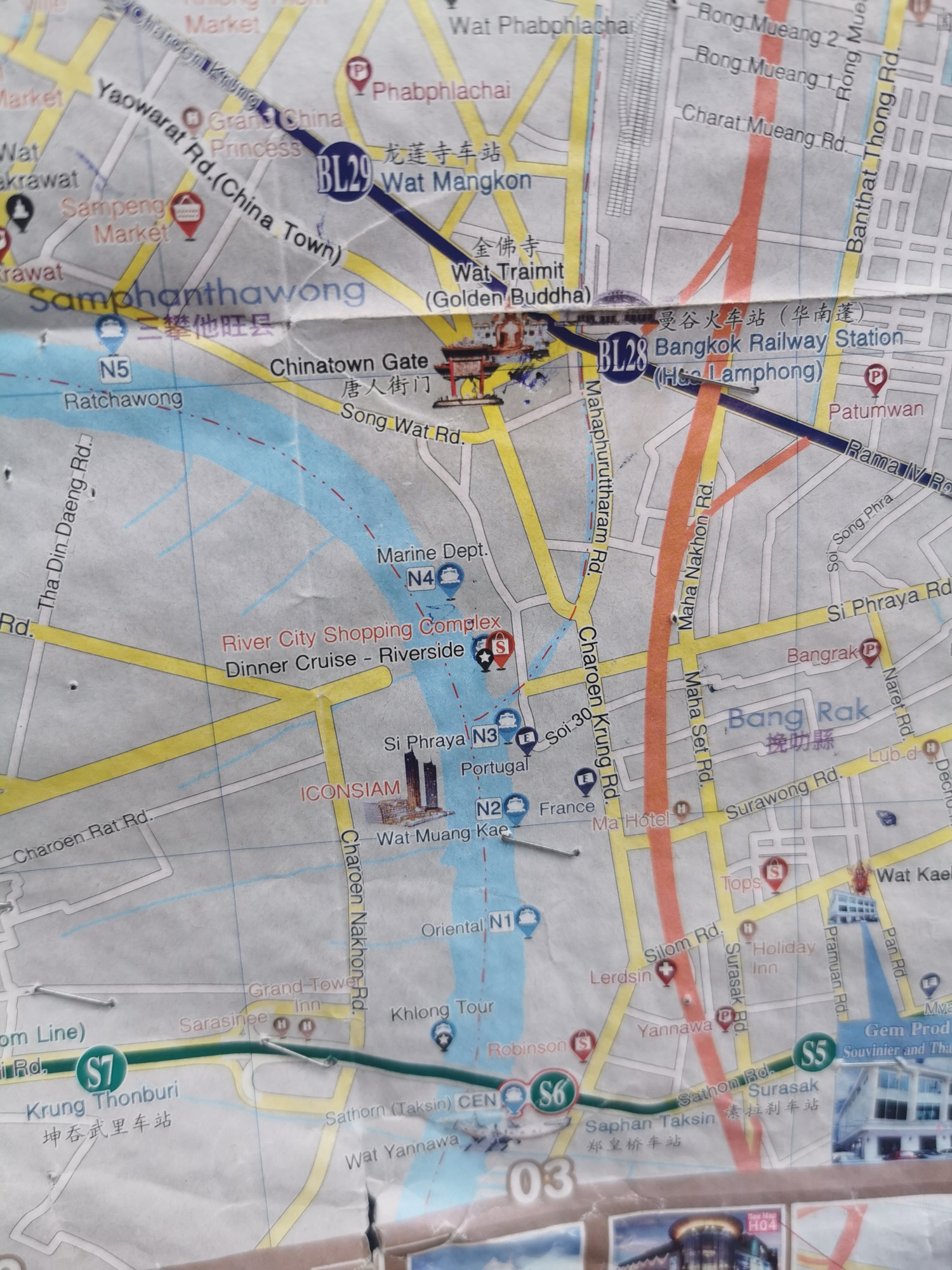 Mapa turístico de Chinatown y el río Chao Phraya en Bangkok